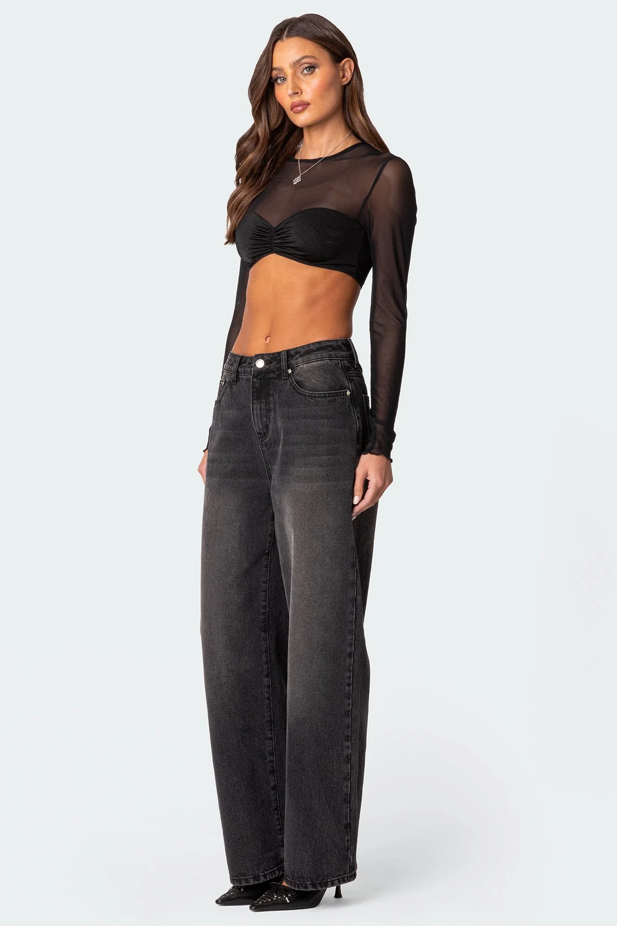 Sheer Black Crop Top Womens Double Fabric XS-XL