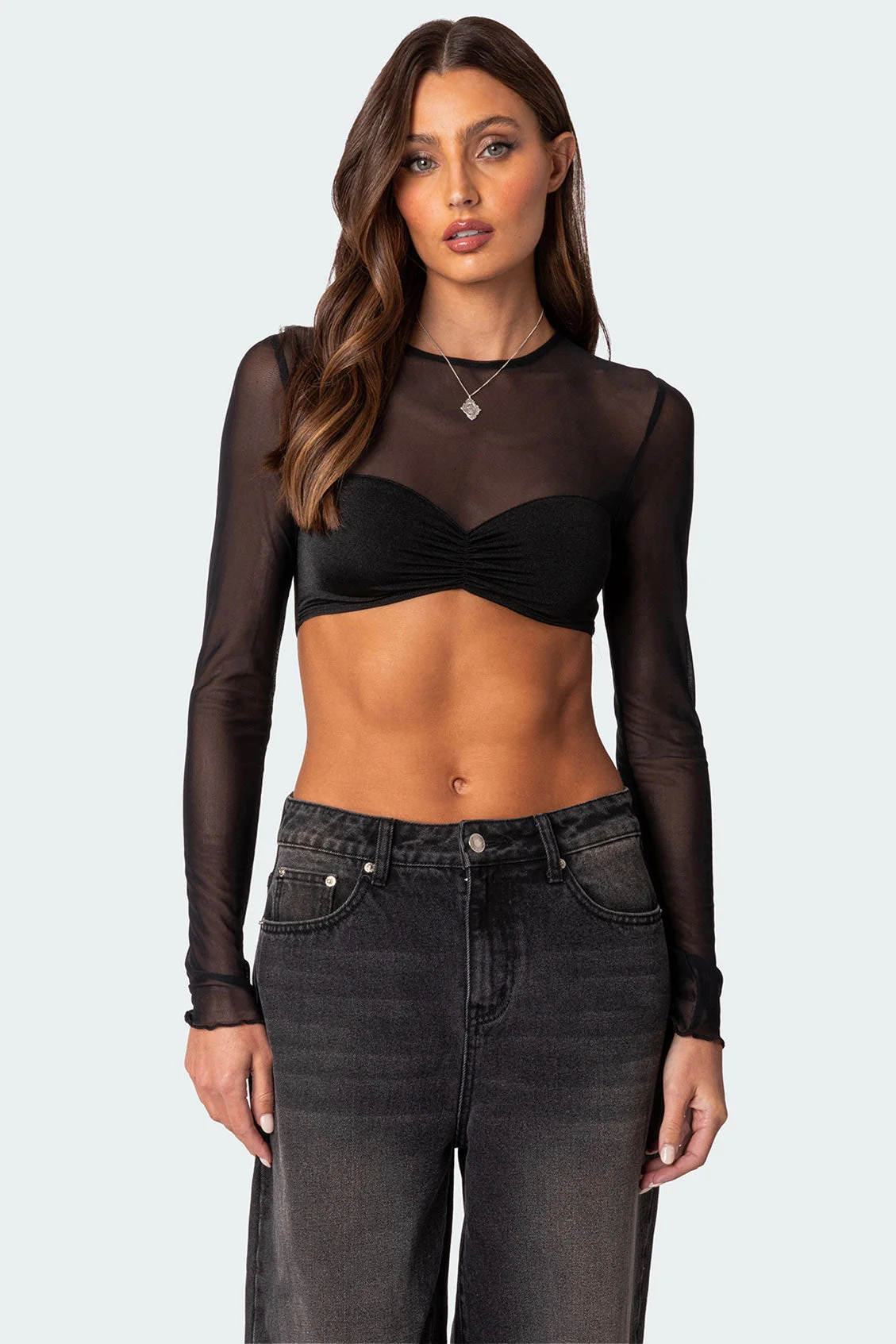 Sheer Black Crop Top Womens Double Fabric XS-XL