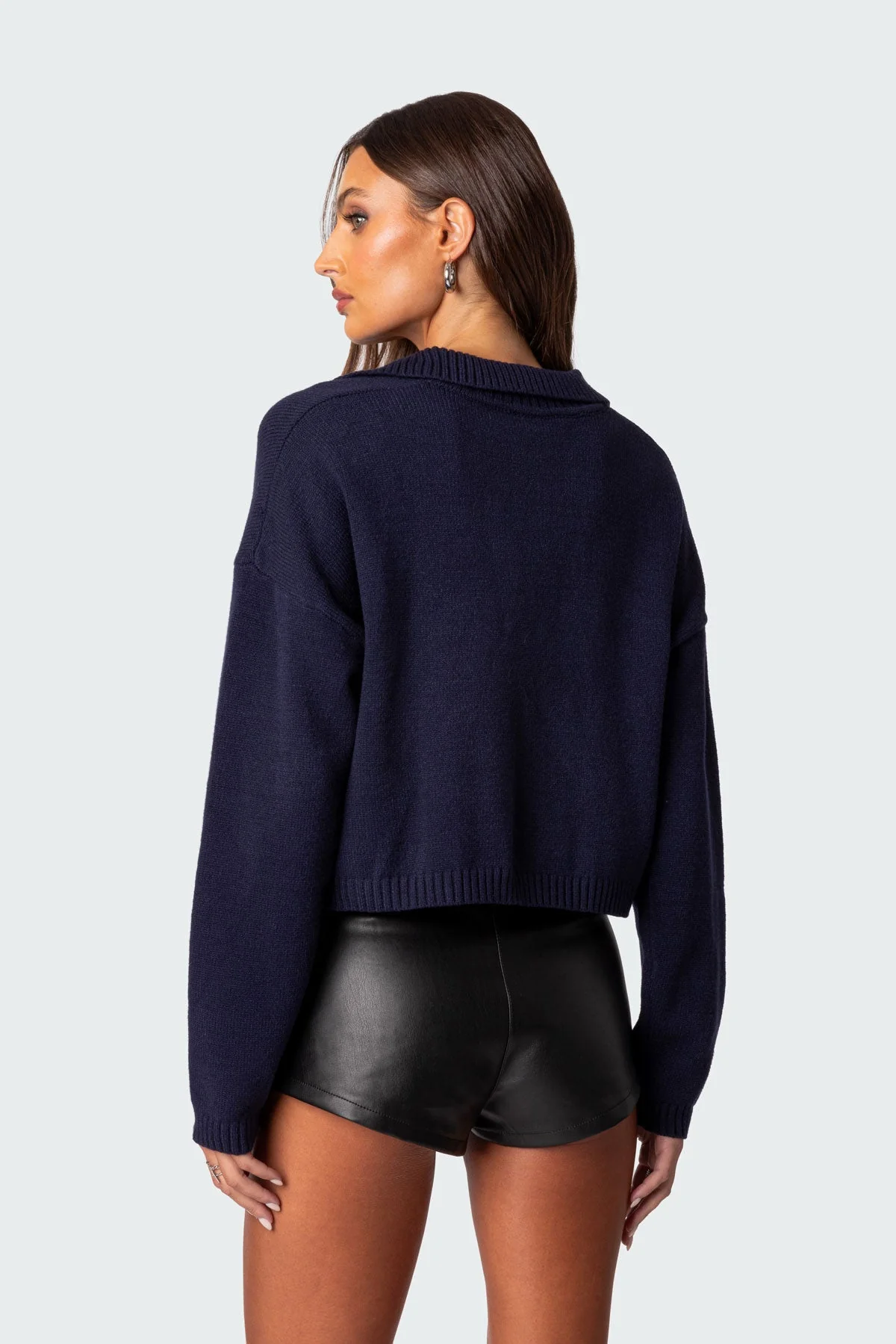 Navy Cropped V-Neck Sweater