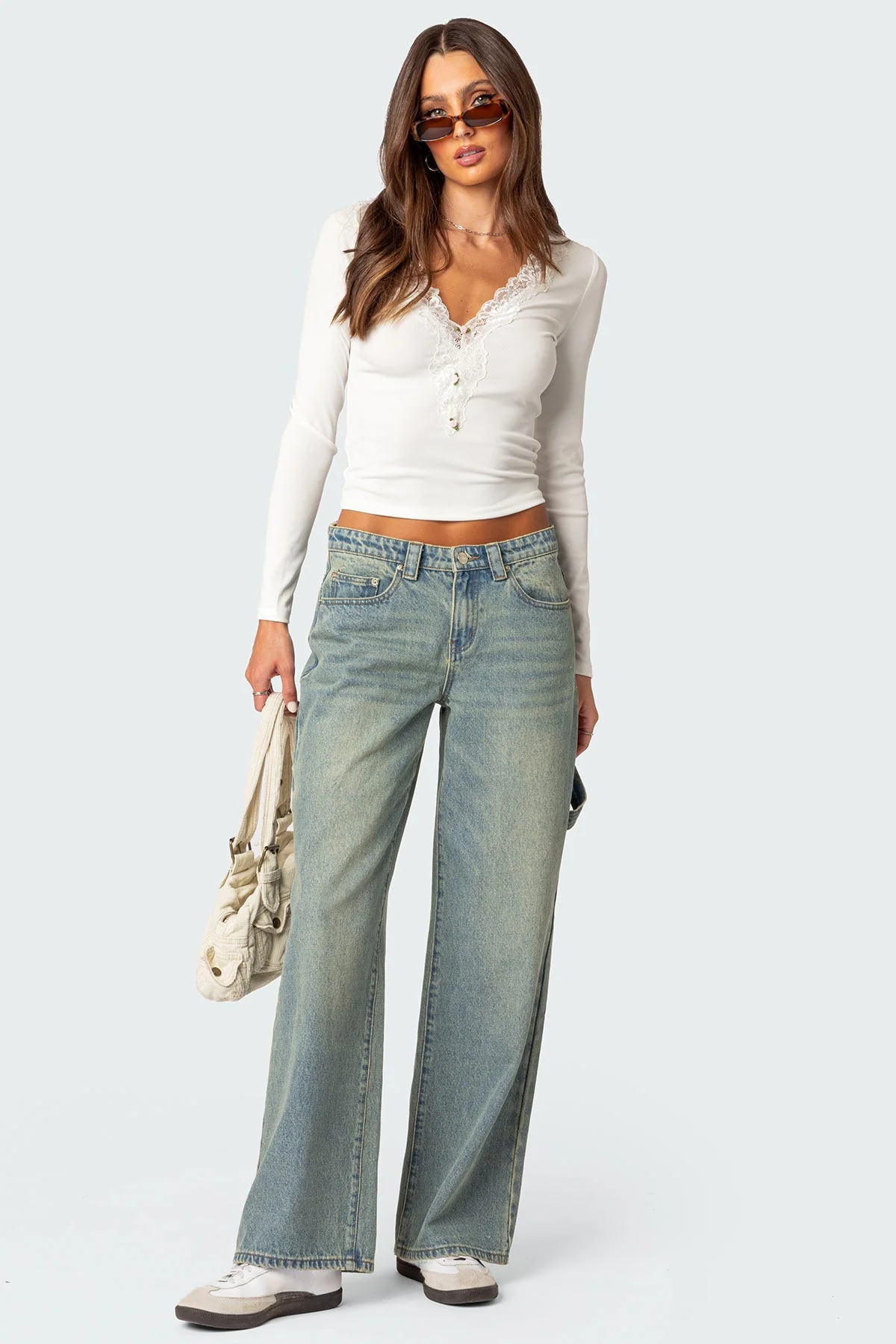 White Lace Trim Ribbed Top for Women