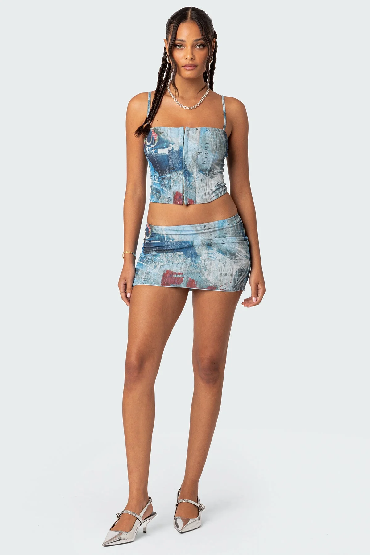 Mesh Printed Corset with Adjustable Straps - Blue Love Letter Design