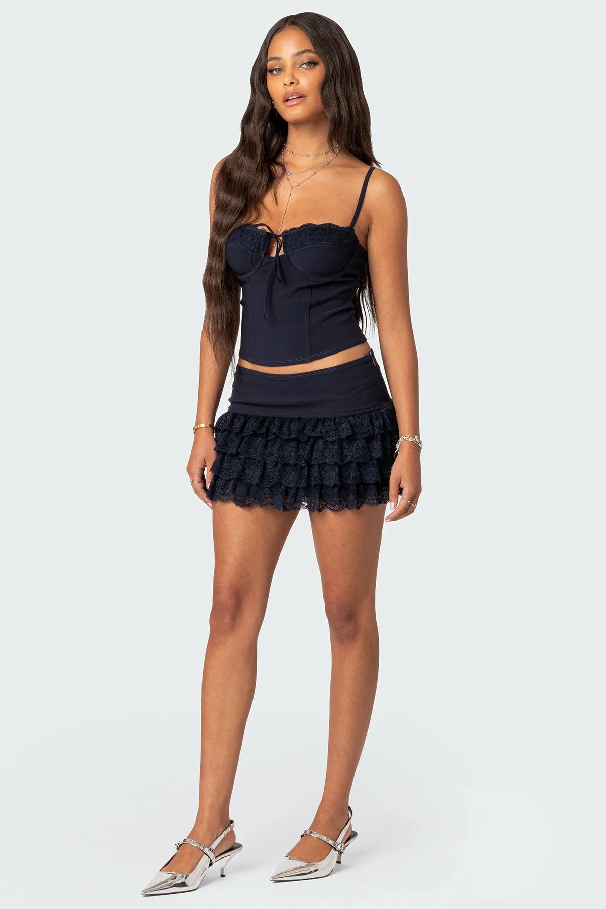 Navy Ruffle Lace Mini Dress for Women