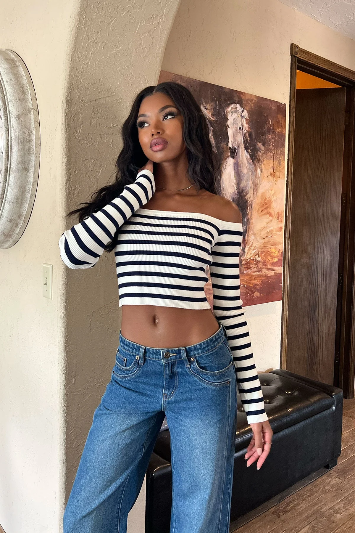Striped Knit Off Shoulder Sweater - Stylish & Comfortable