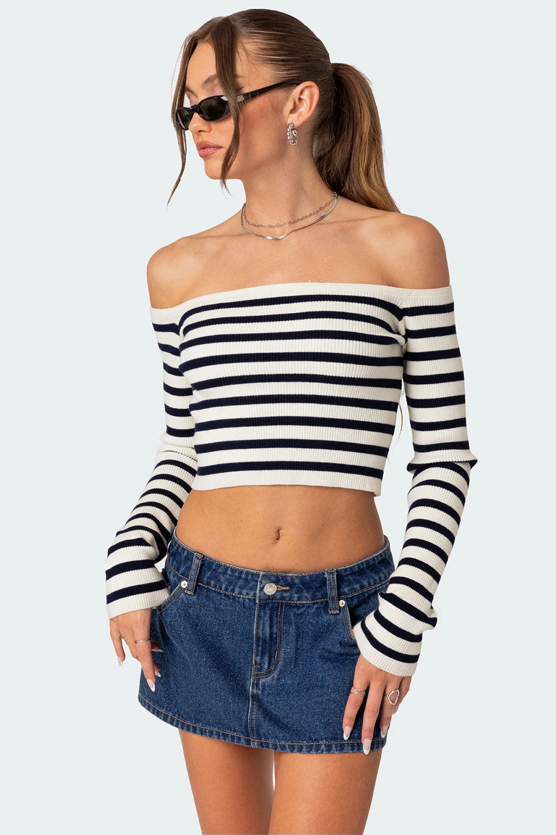 Striped Knit Off Shoulder Sweater - Stylish & Comfortable