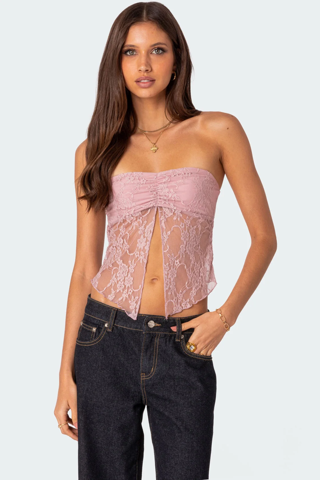Sheer Lace Twilight Strapless Top in Light Pink