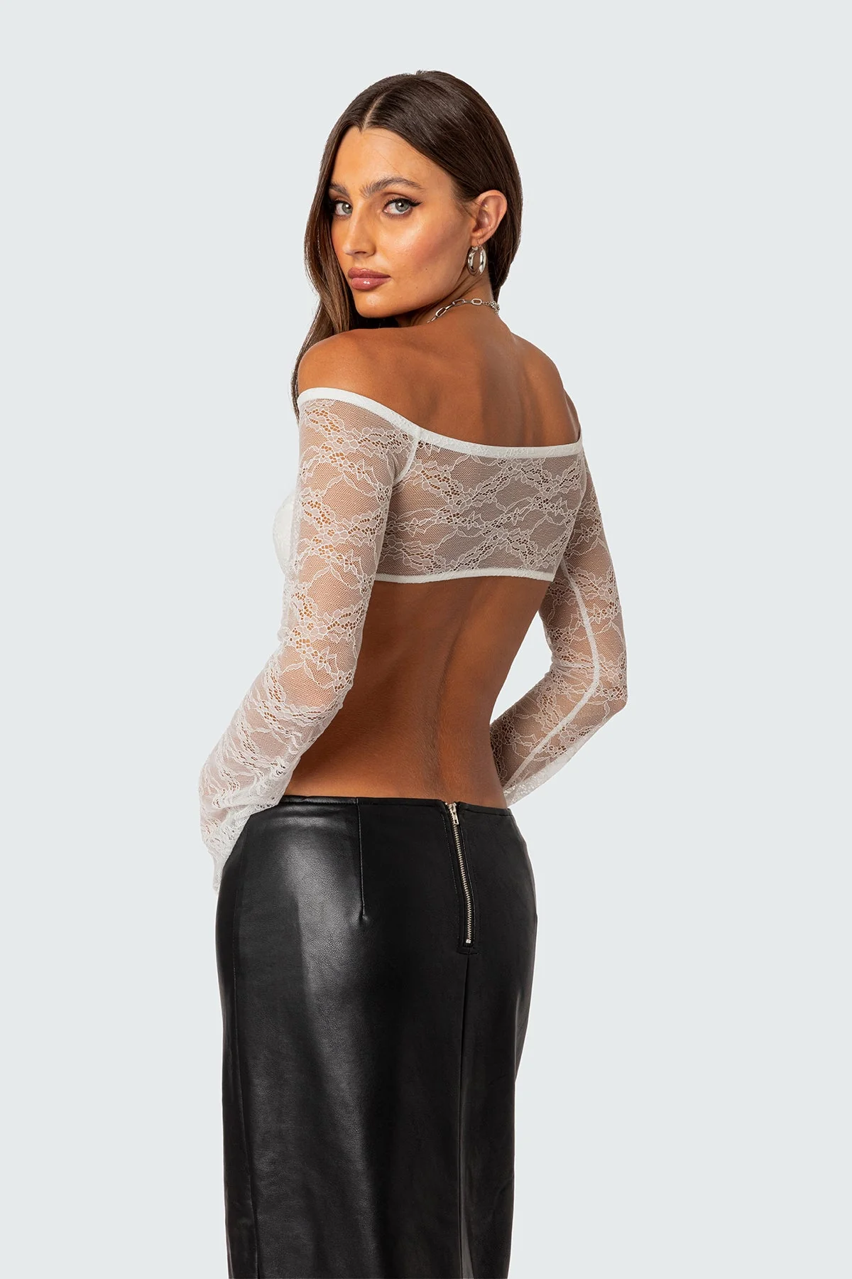 White Sheer Lace Crop Top - Off Shoulder Twist Front Detail