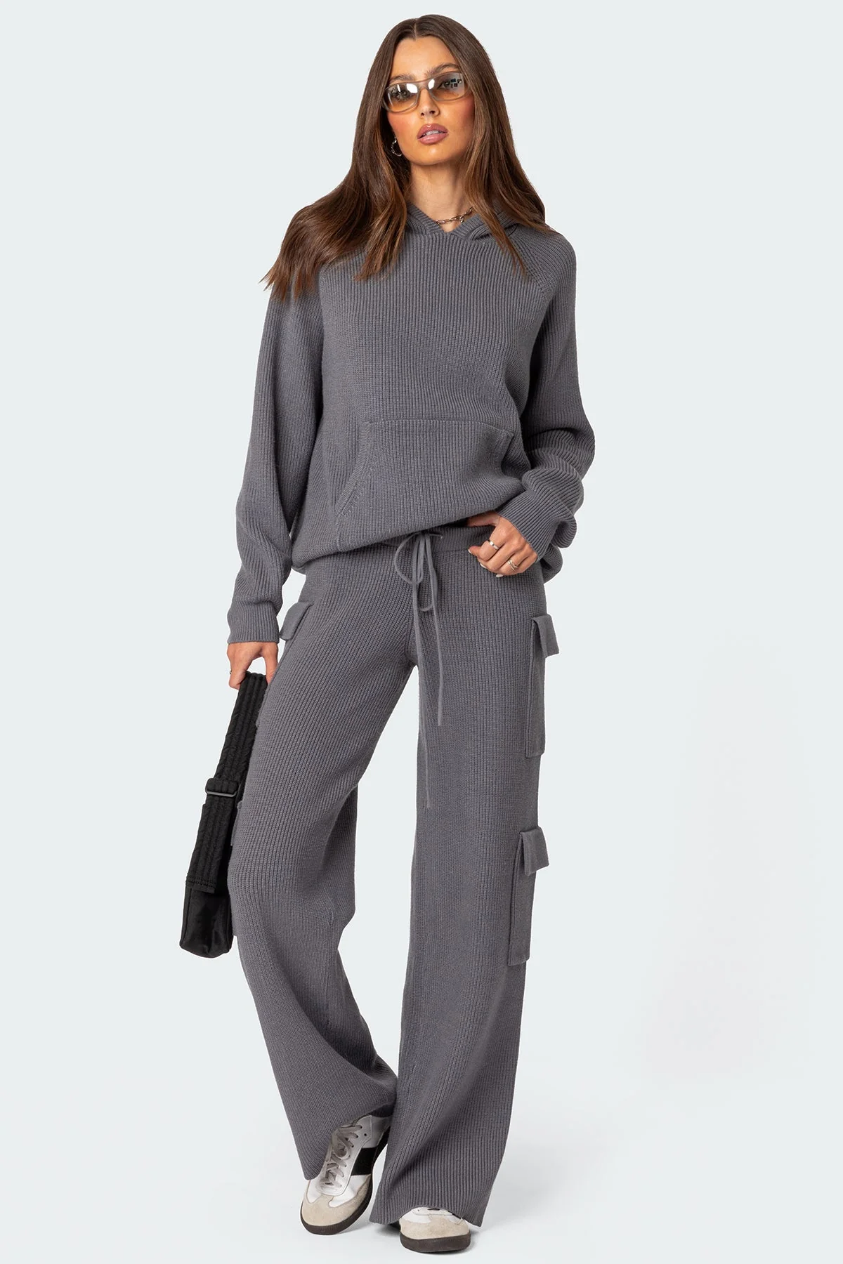Gray Knit Cargo Pants Utility Set