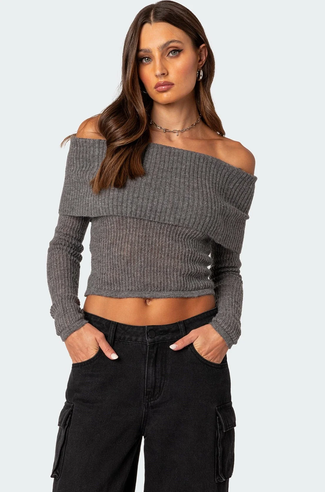 Gray Melange Fold-Over Knit Sweater