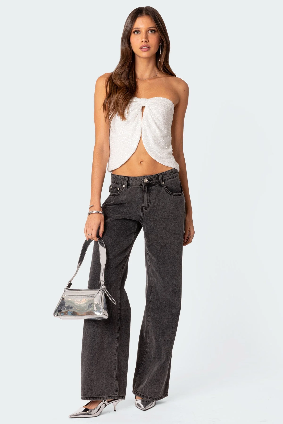 Sequin Split Front Siren Top in Cream