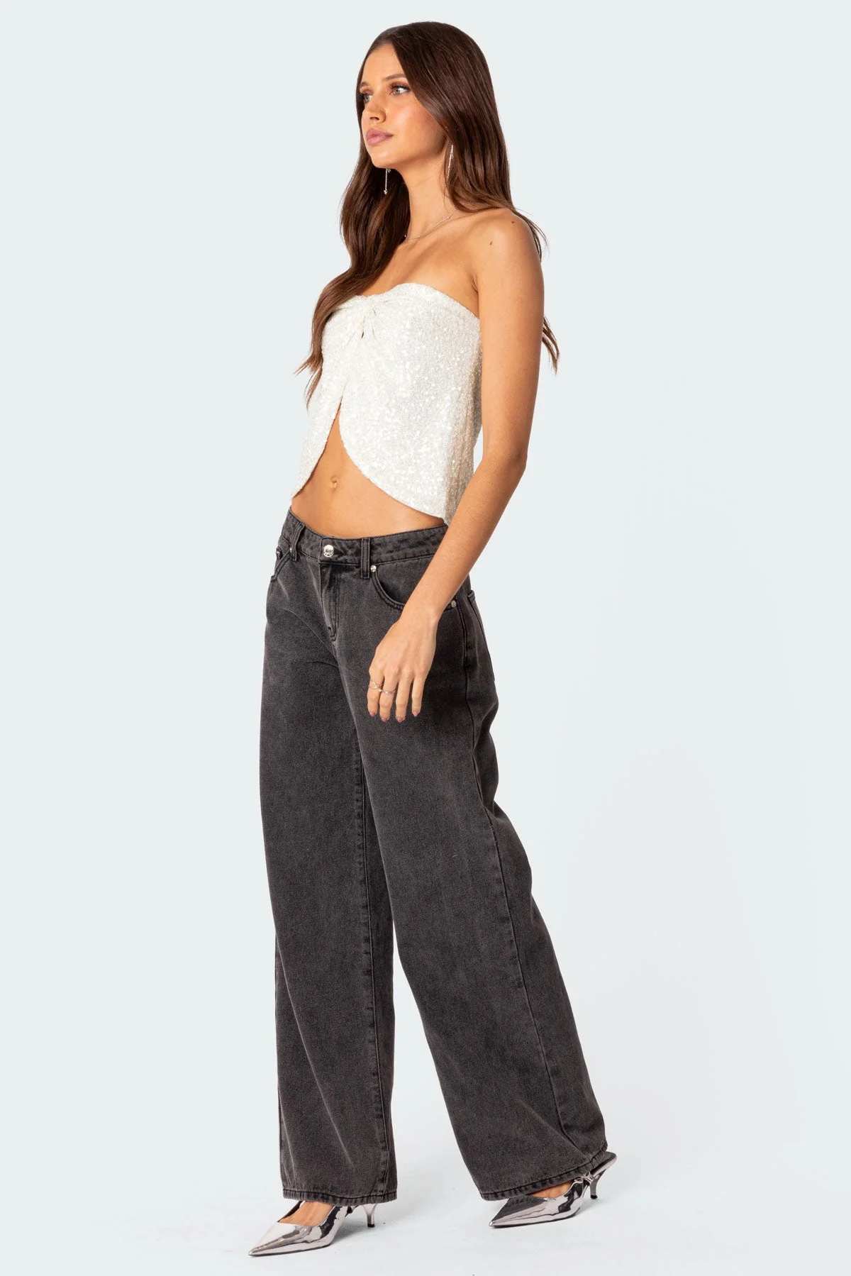 Sequin Split Front Siren Top in Cream