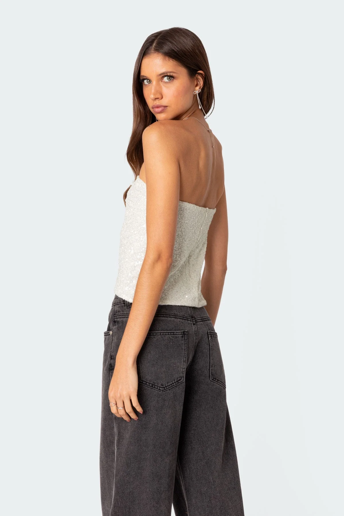 Sequin Split Front Siren Top in Cream