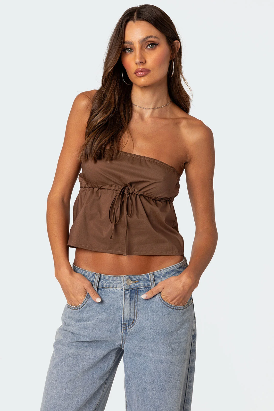 Brown Strapless Top Womens Under bust Tie Polyester Cotton