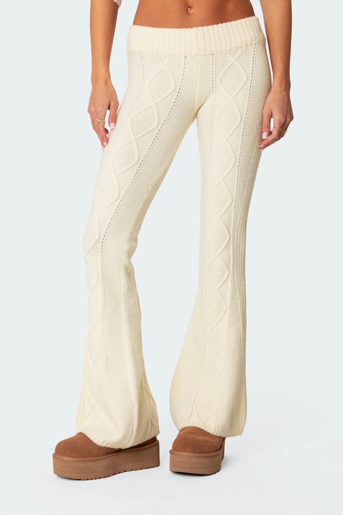 Cream Cable Knit Flare Pants Set