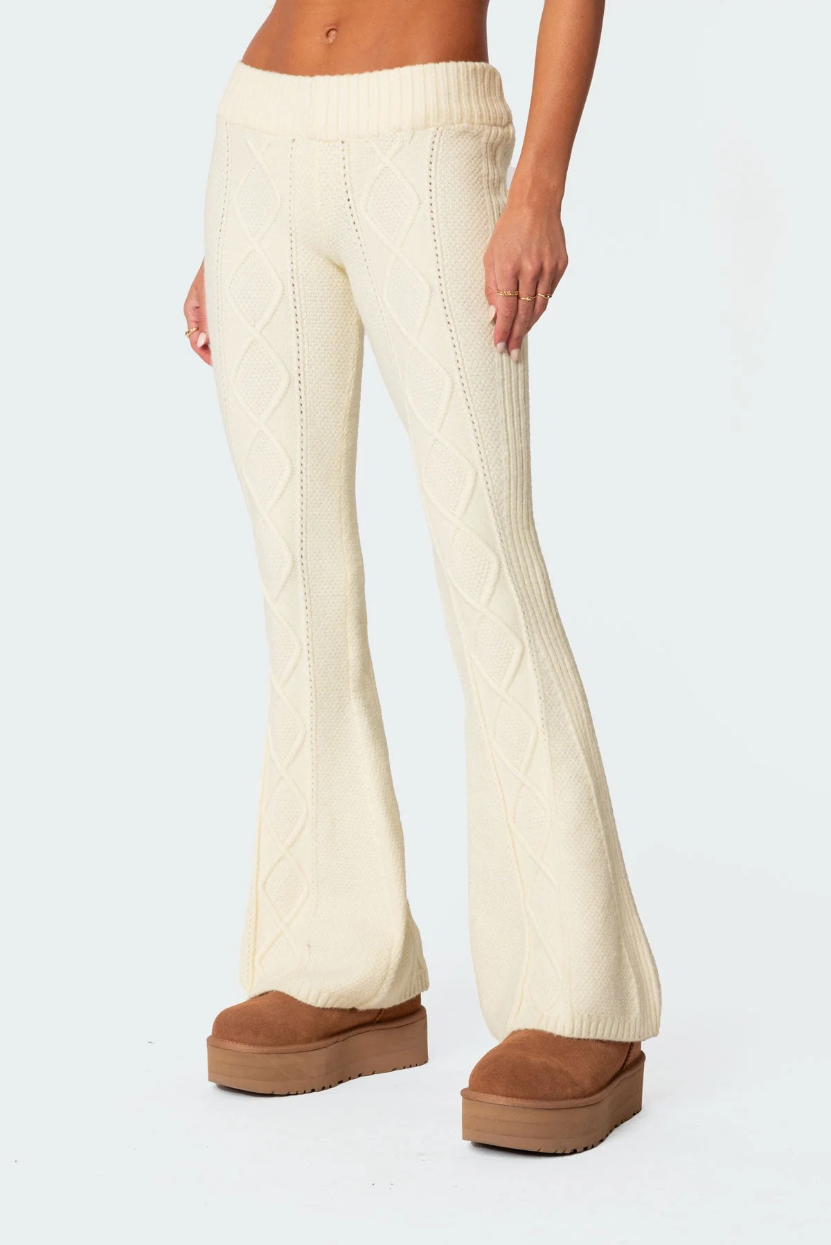 Cream Cable Knit Flare Pants Set
