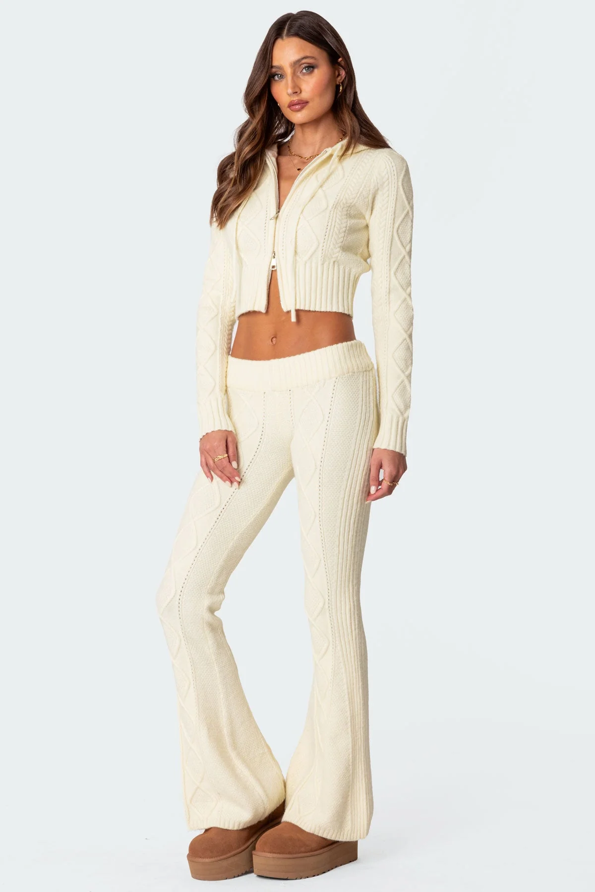 Cream Cable Knit Flare Pants Set