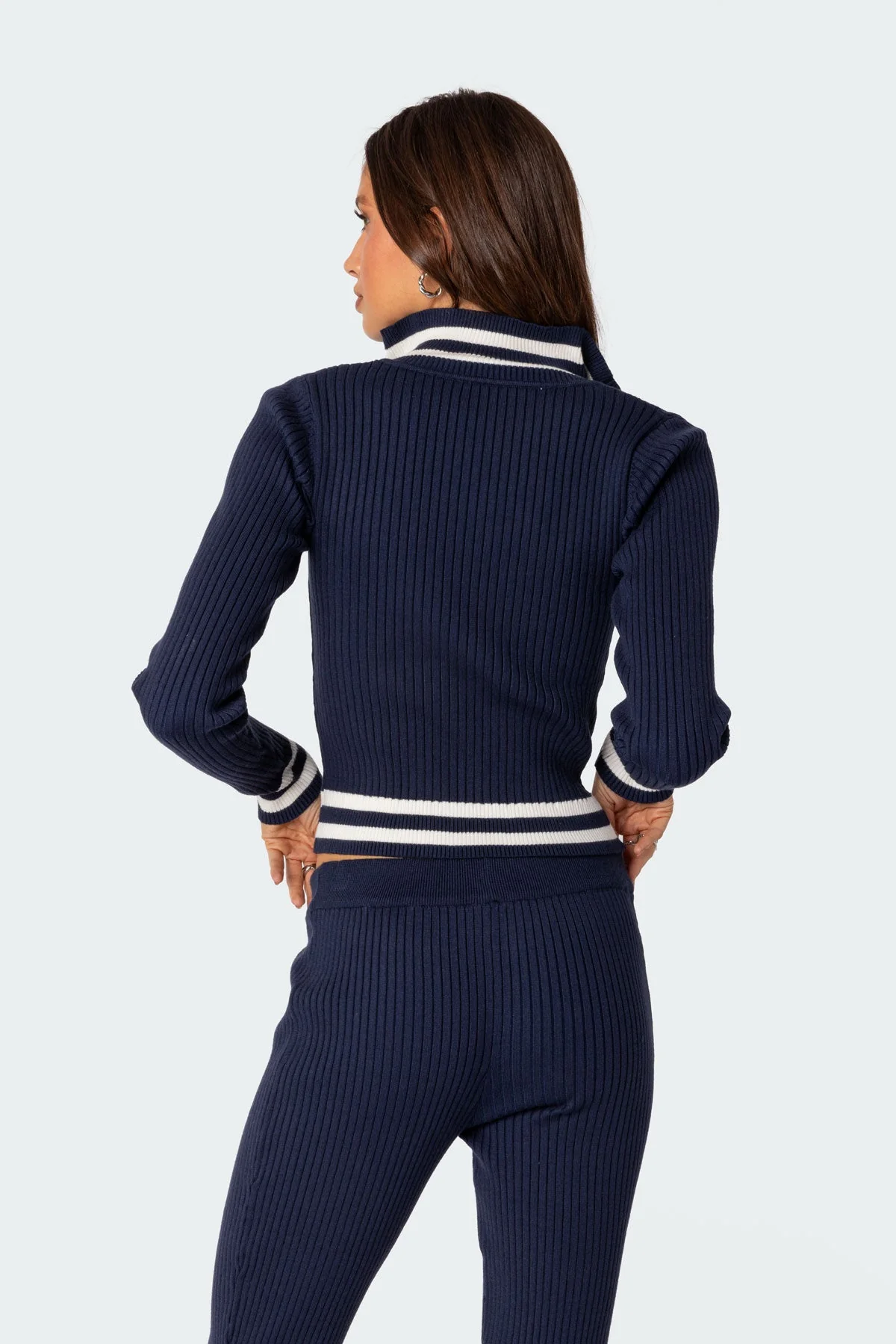 Navy Ribbed Cardigan High Neck Zip Front Closure