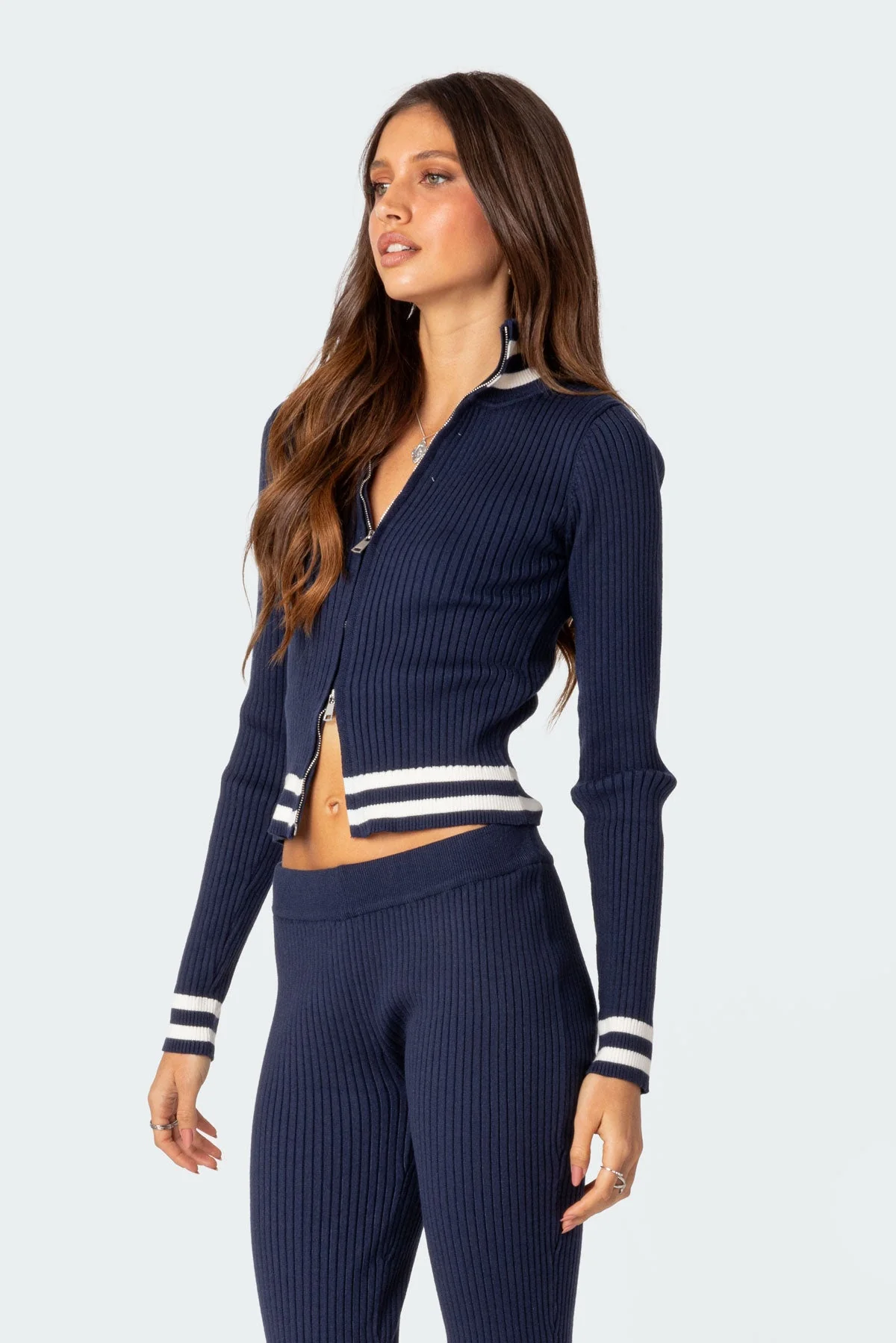 Navy Ribbed Cardigan High Neck Zip Front Closure