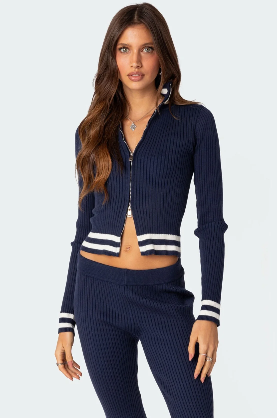 Navy Ribbed Cardigan High Neck Zip Front Closure