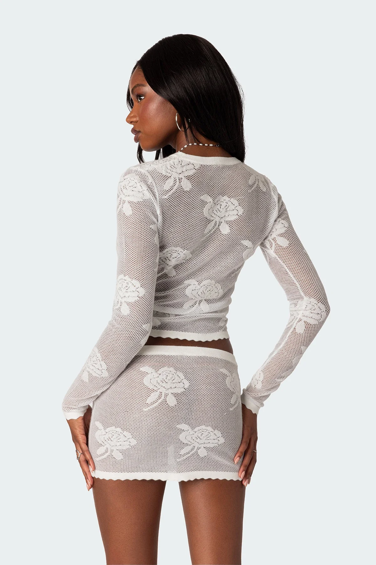 Sheer Knit Top with Embroidered Details - White Long Sleeve