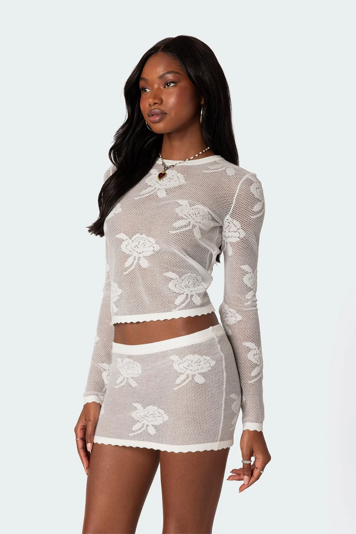 Sheer Knit Top with Embroidered Details - White Long Sleeve