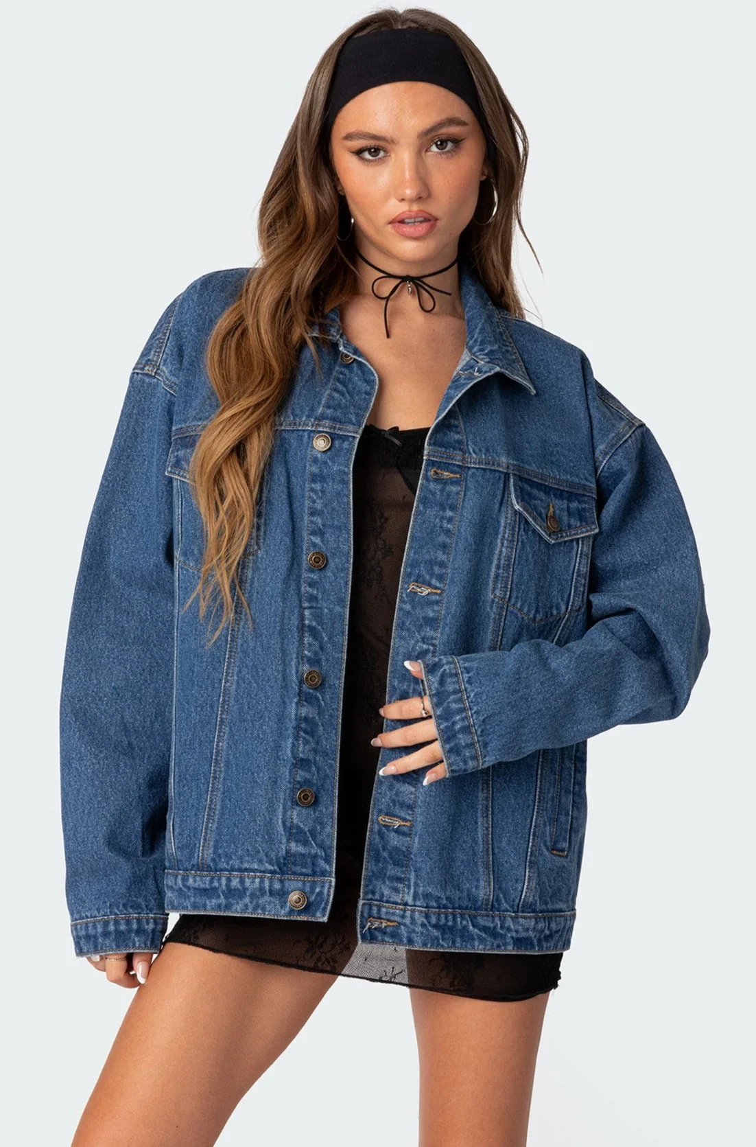 Oversized Denim Jacket in Dark Blue, Long-Sleeve Style