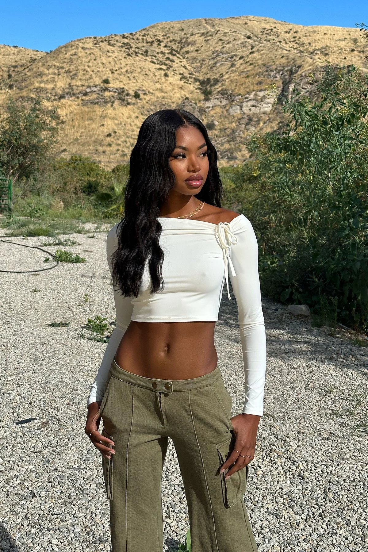 White Asymmetric Tie Crop Top Womens Long Sleeve