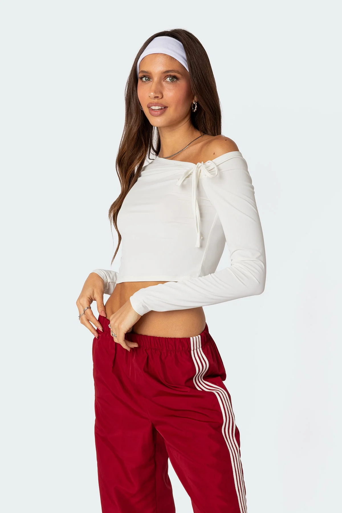 White Asymmetric Tie Crop Top Womens Long Sleeve