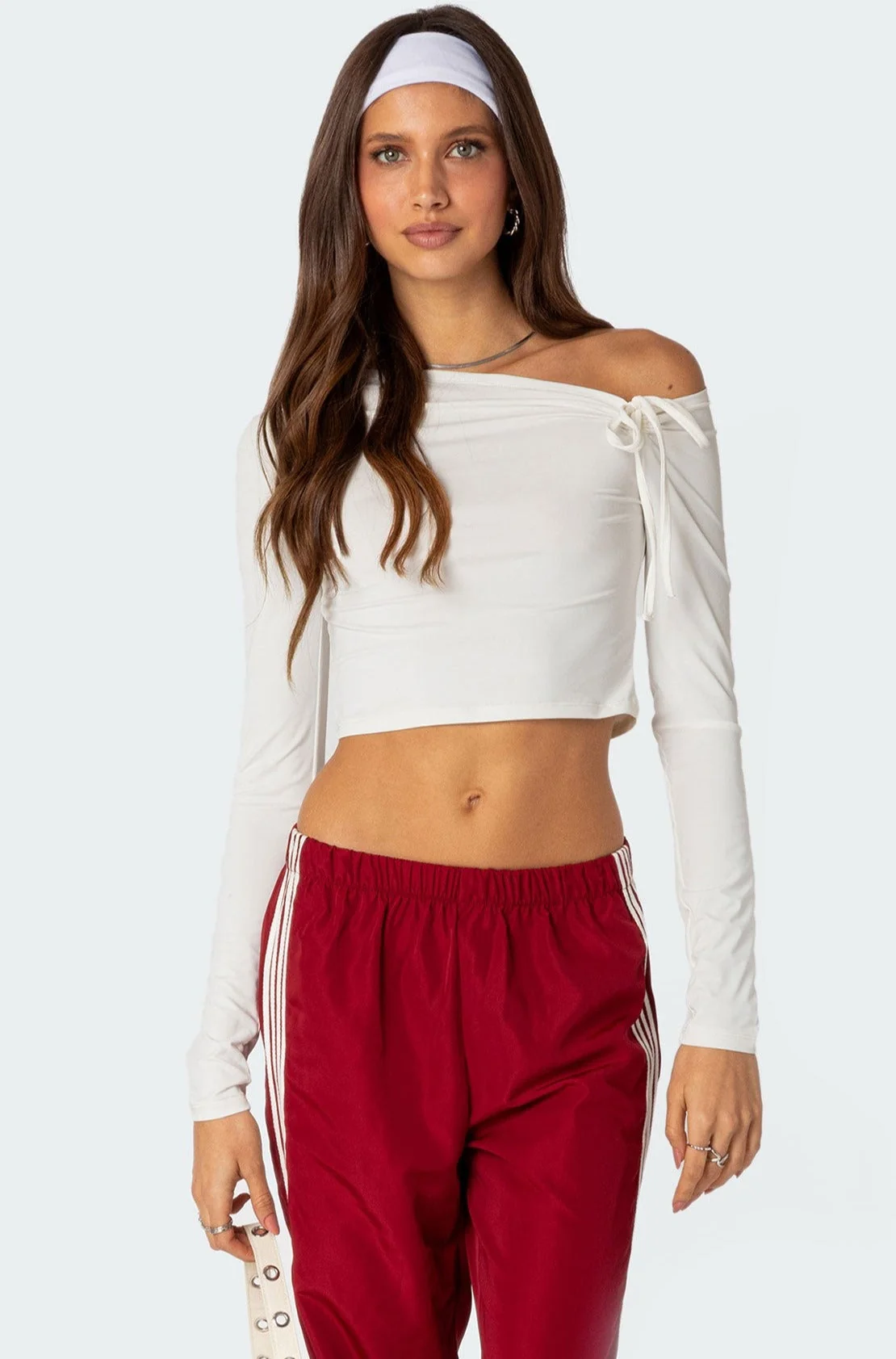 White Asymmetric Tie Crop Top Womens Long Sleeve
