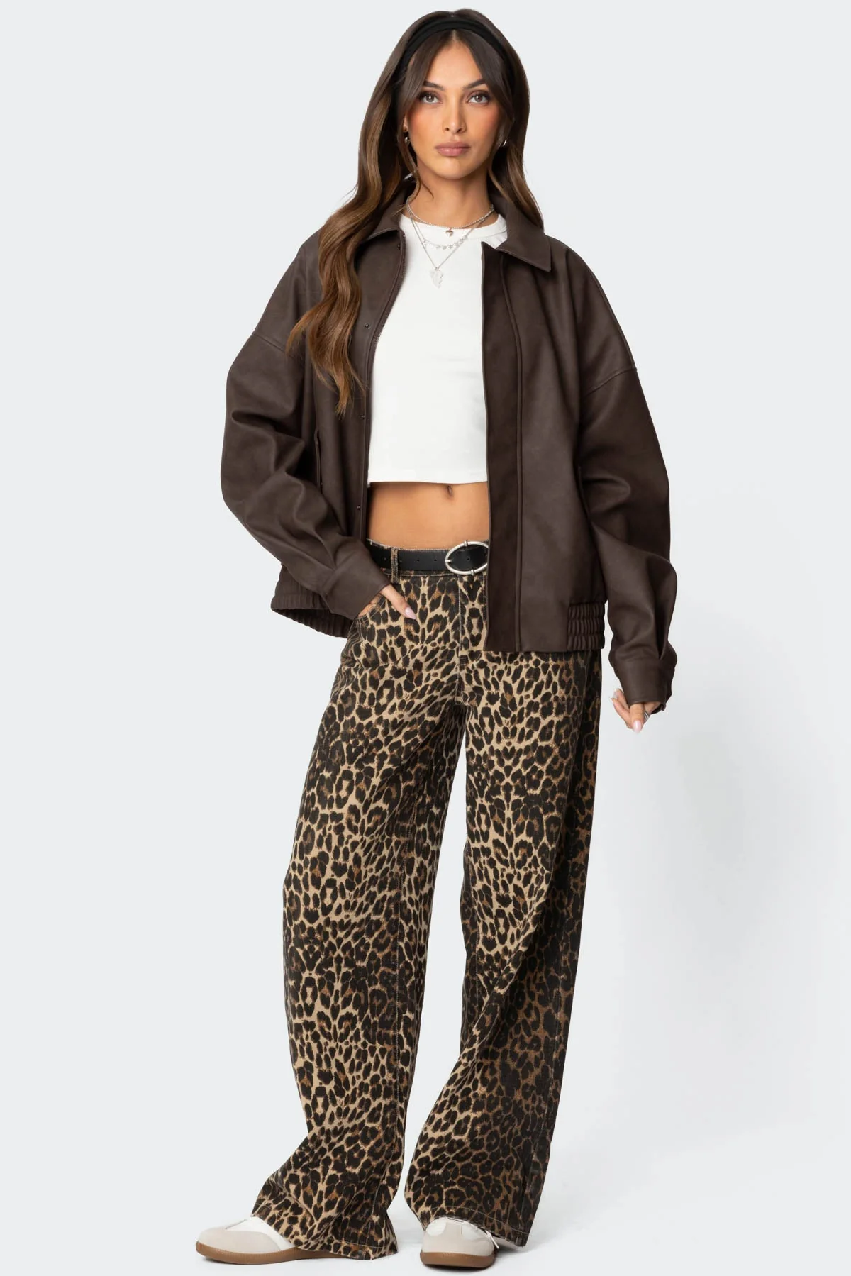 Brown Oversized Faux Leather Jacket Women