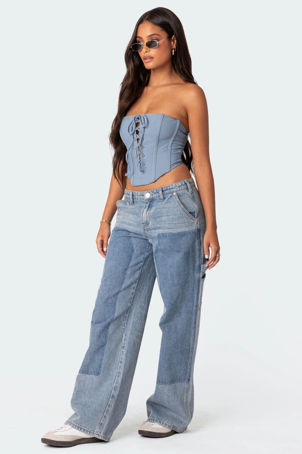 Blue Lace Up Corset Top Womens Strapless Bodice Zipper Closure