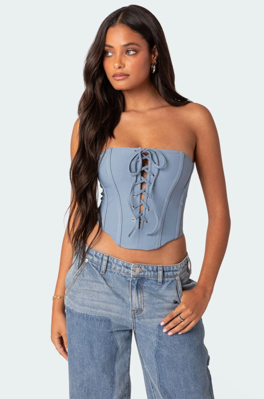 Blue Lace Up Corset Top Womens Strapless Bodice Zipper Closure