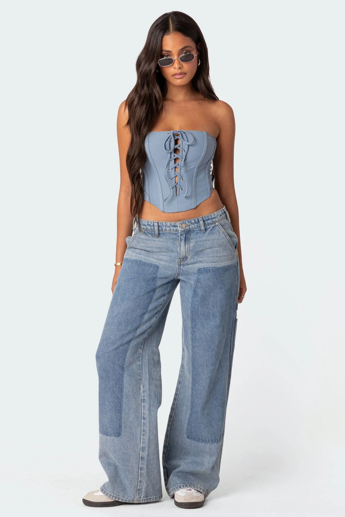 Blue Lace Up Corset Top Womens Strapless Bodice Zipper Closure