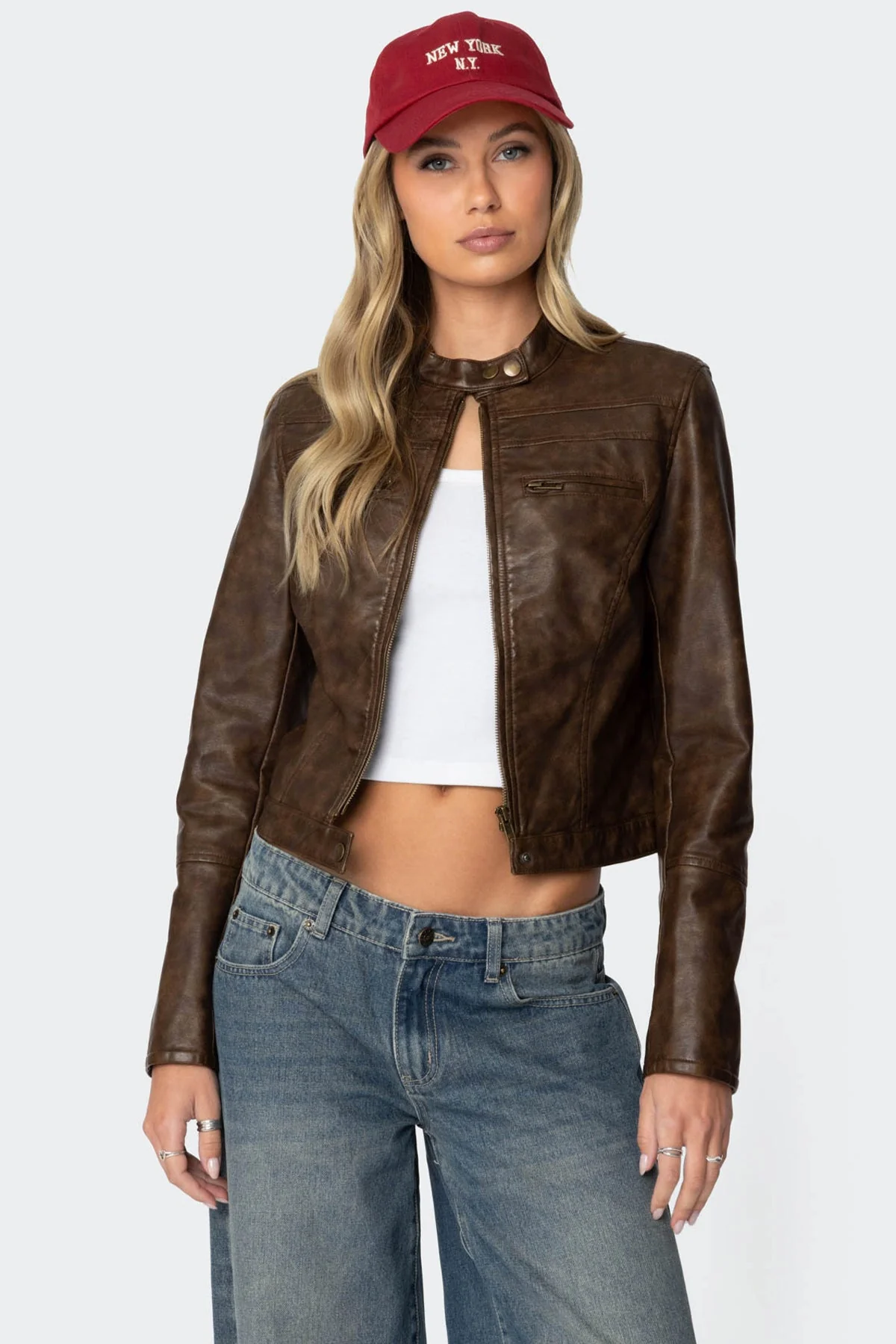 Brown Washed Faux Leather Jacket Women Long Sleeve