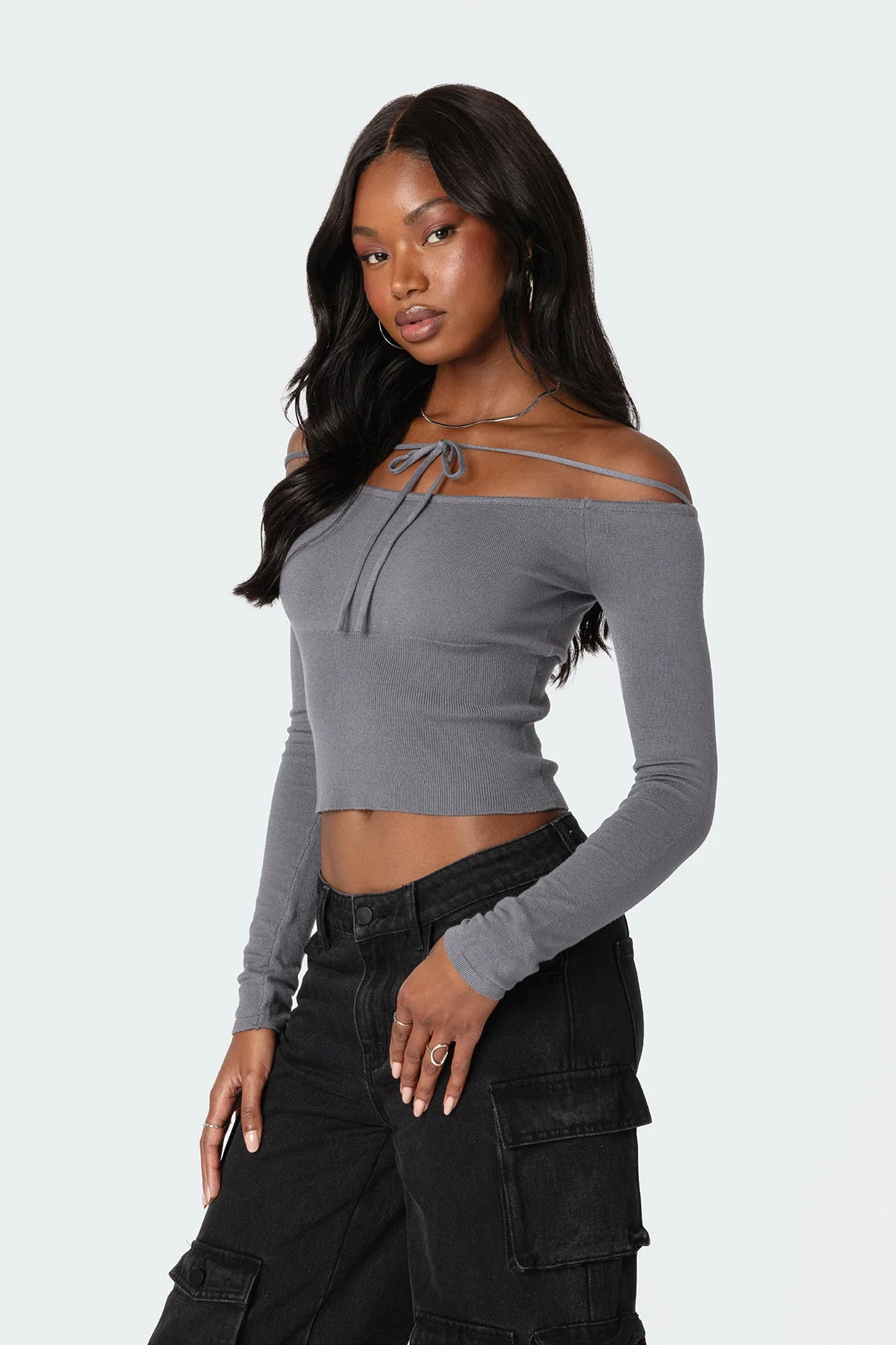 Cozy Gray Tie Front Knit Sweater - Womens Fashion