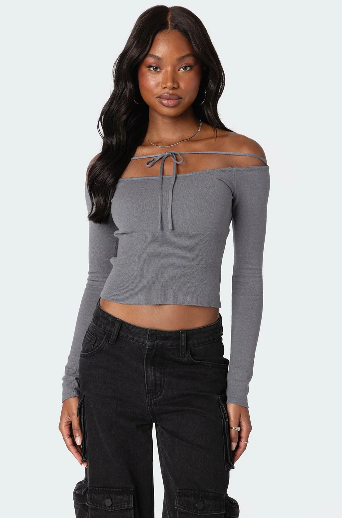 Cozy Gray Tie Front Knit Sweater - Womens Fashion