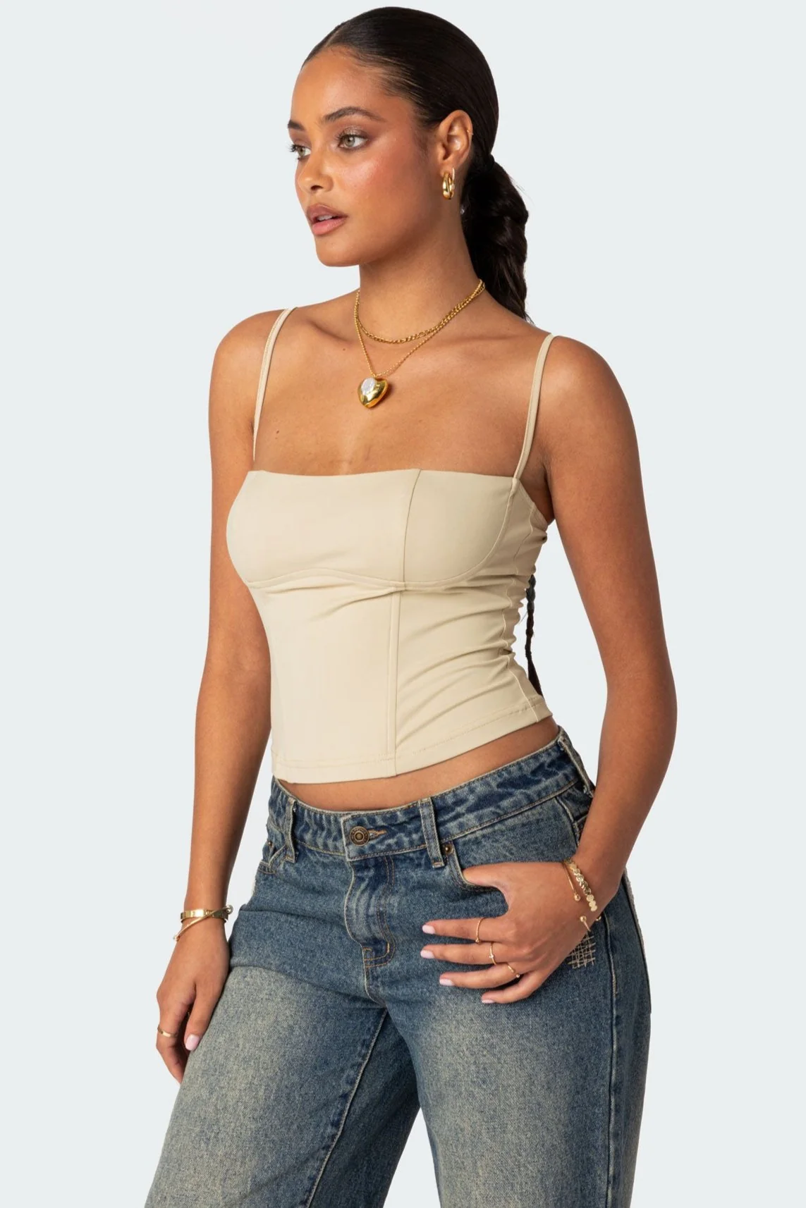 Adjustable Straps Beige Corset Top - Polyester Spandex Blend