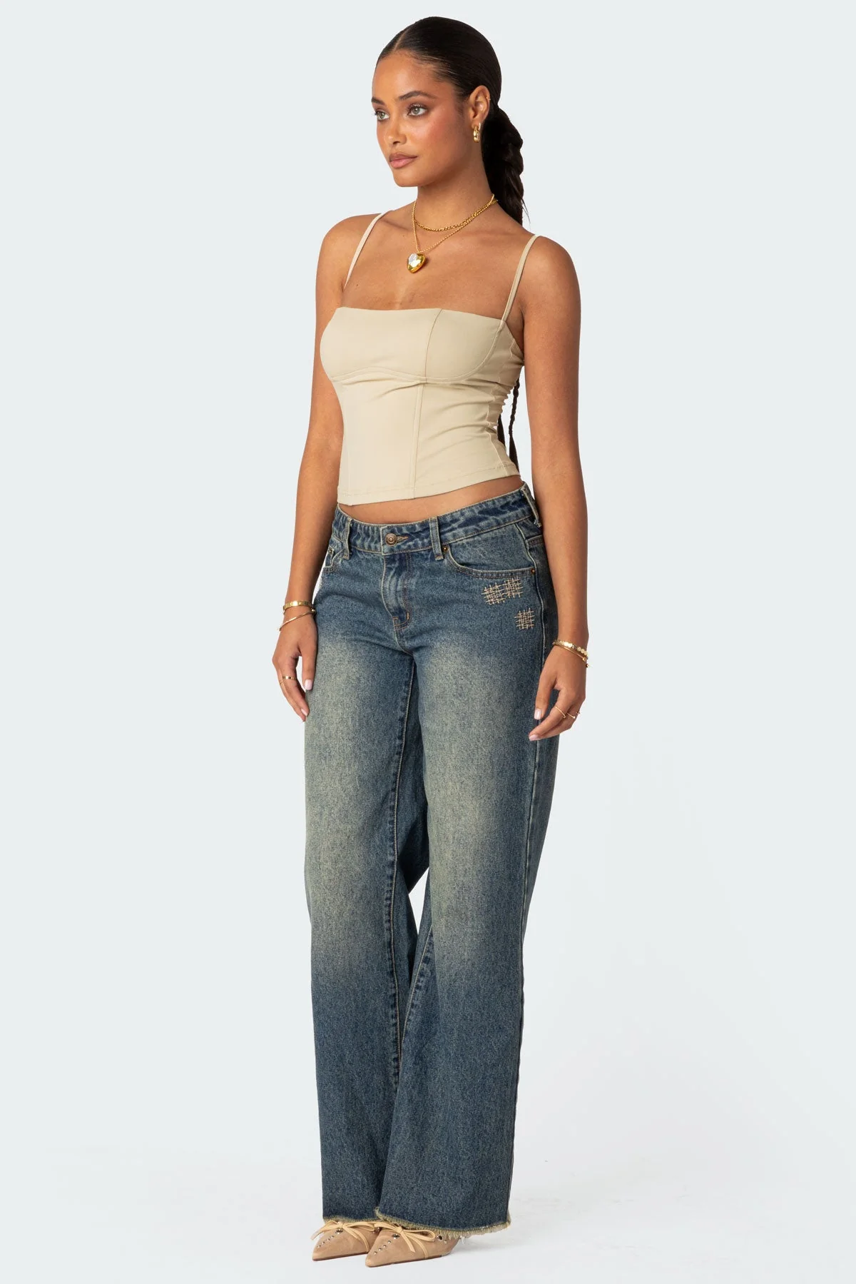 Adjustable Straps Beige Corset Top - Polyester Spandex Blend