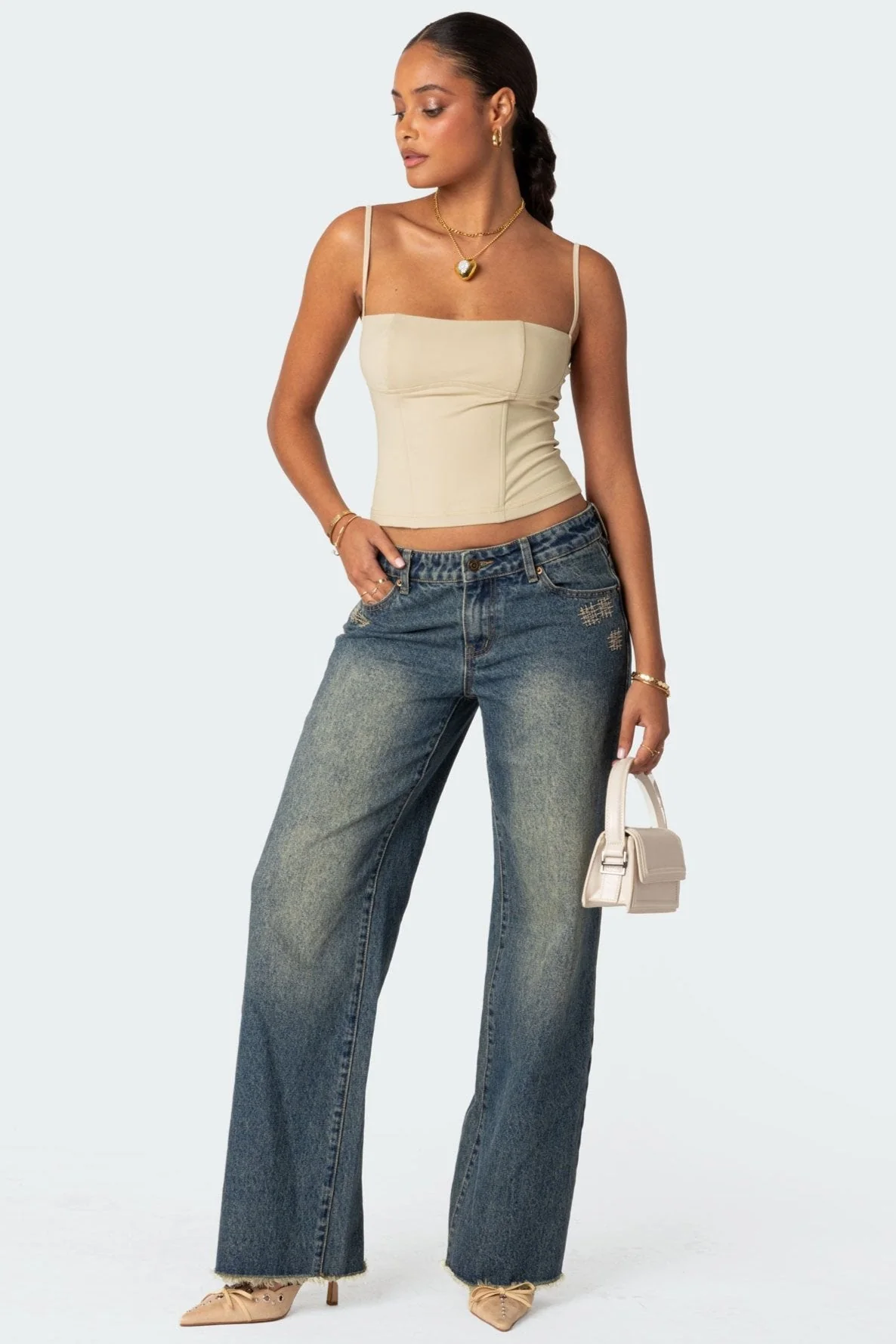 Adjustable Straps Beige Corset Top - Polyester Spandex Blend