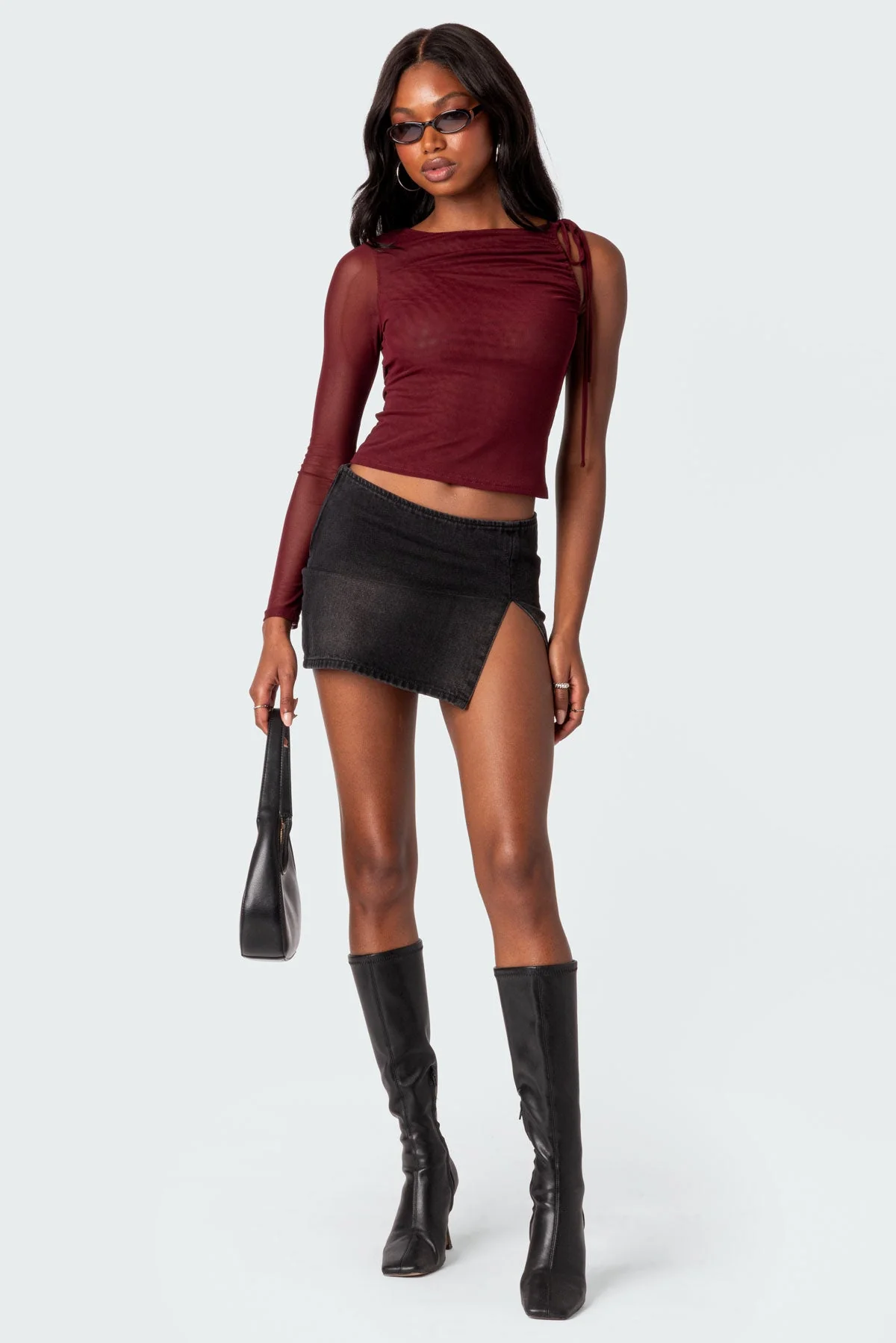 Burgundy Mesh One-Shoulder Top for Women
