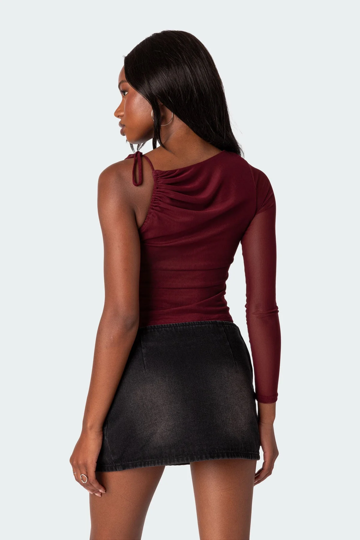 Burgundy Mesh One-Shoulder Top for Women