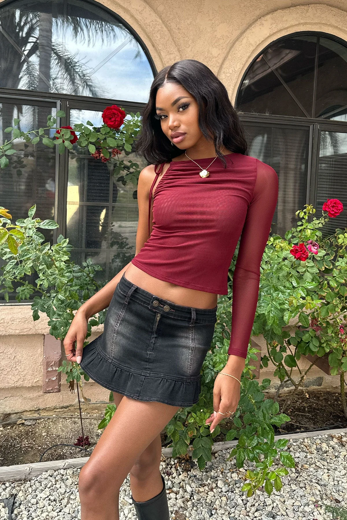 Burgundy Mesh One-Shoulder Top for Women