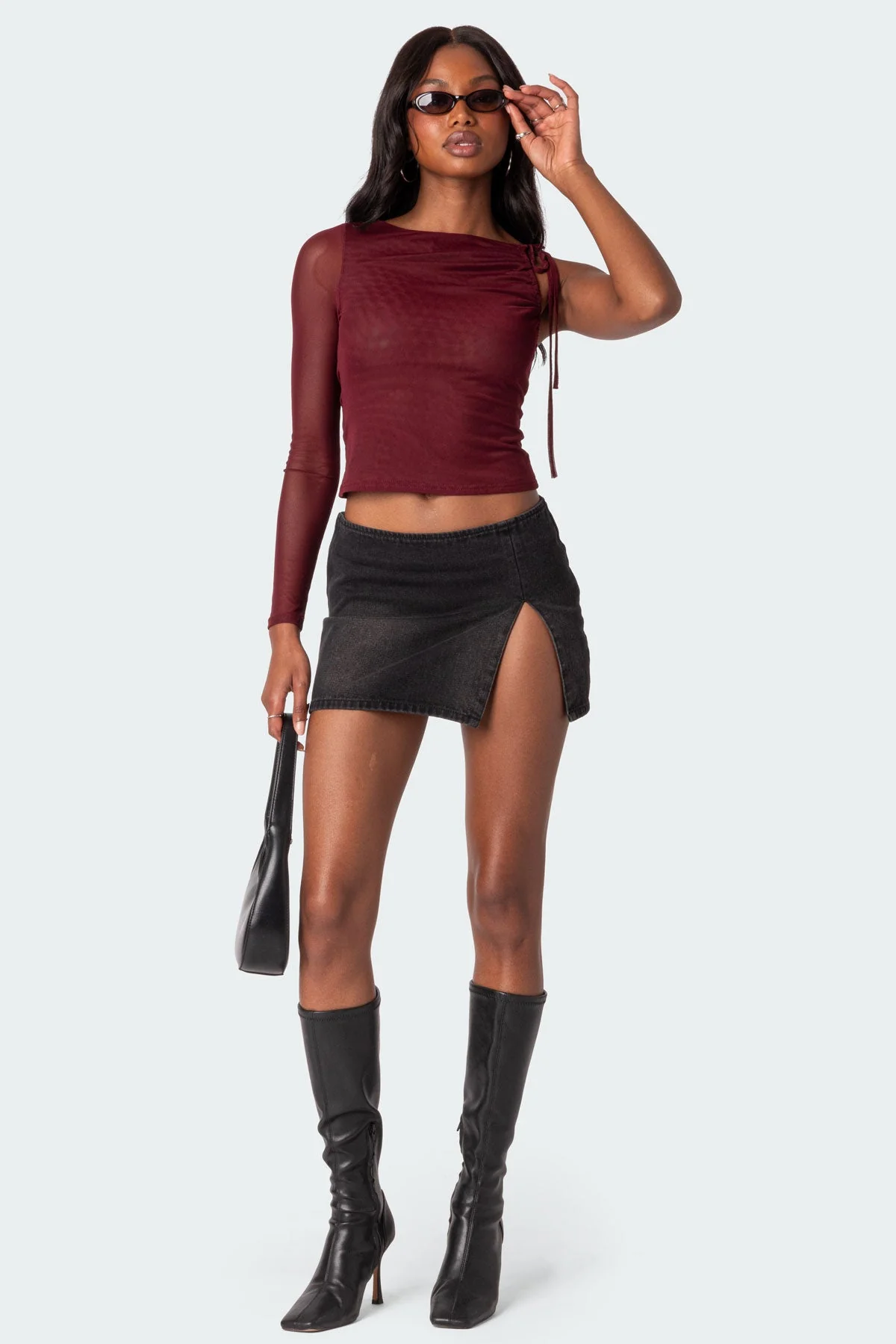 Burgundy Mesh One-Shoulder Top for Women