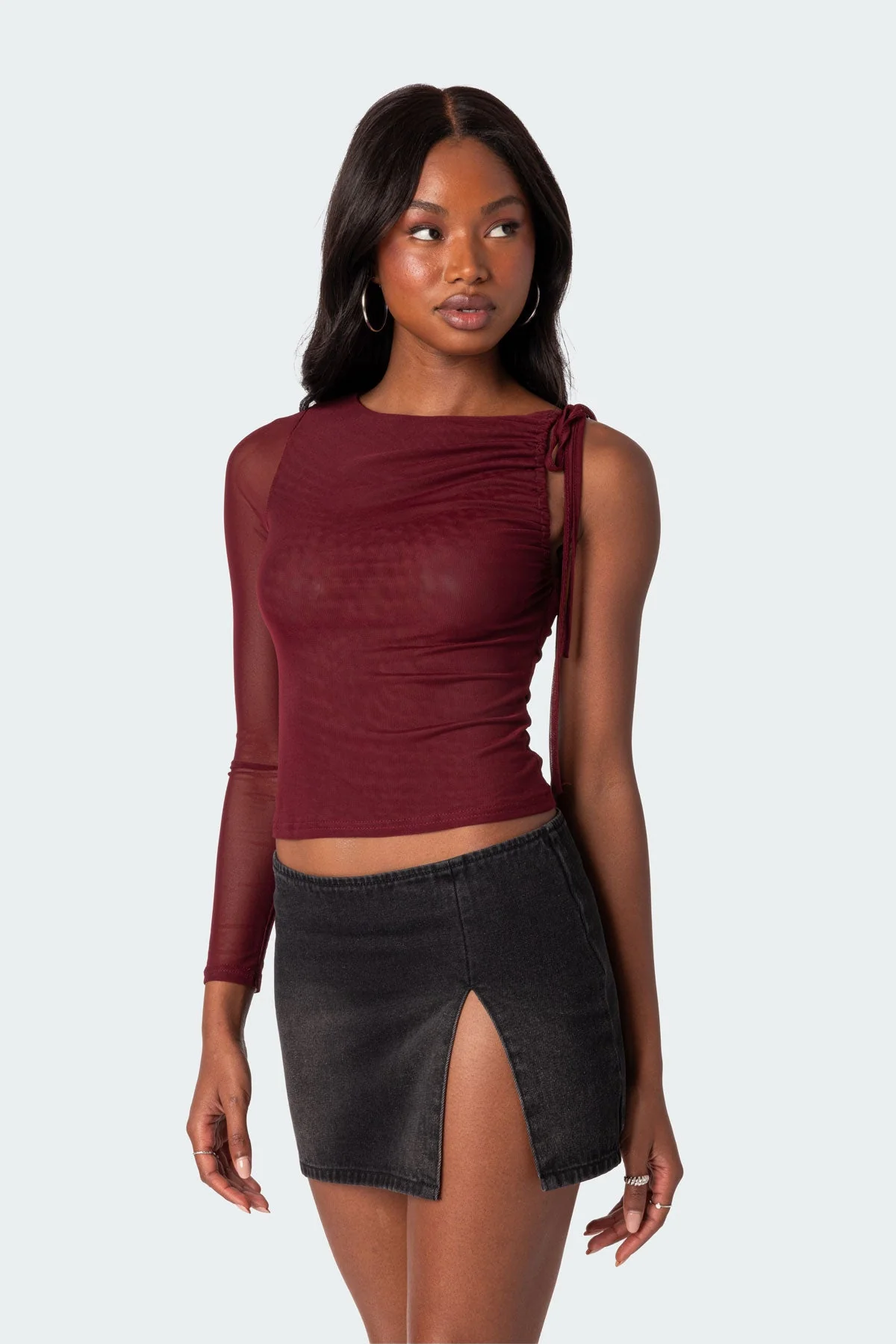 Burgundy Mesh One-Shoulder Top for Women