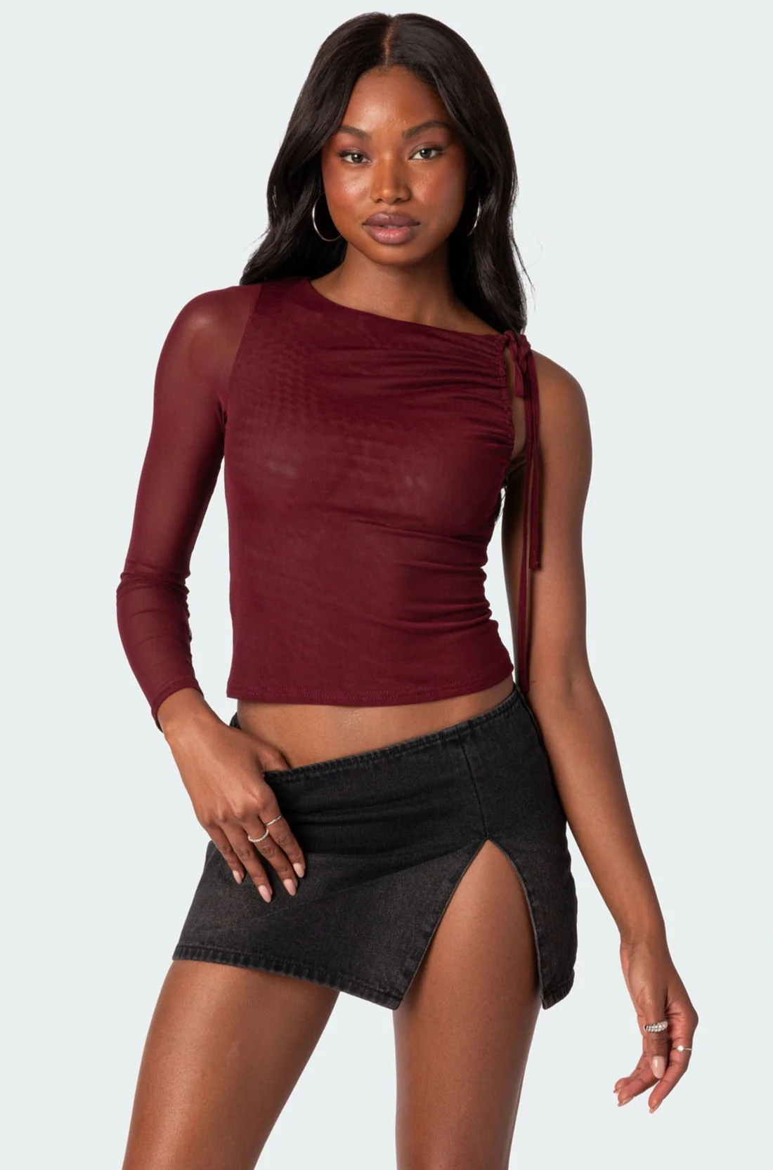Burgundy Mesh One-Shoulder Top for Women