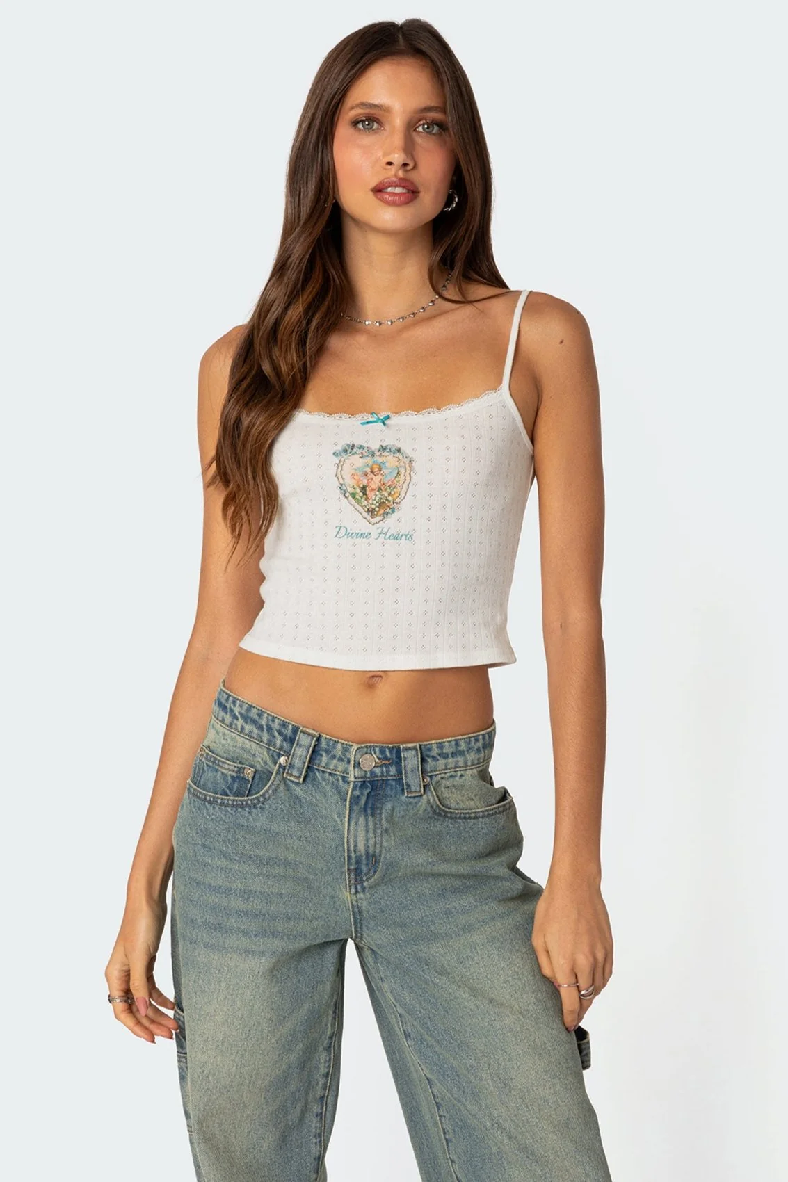 White Pointelle Tank Top with Lace Trim