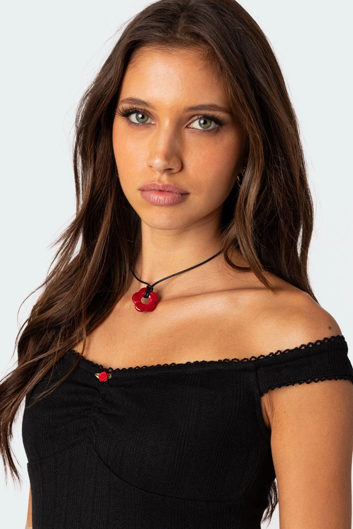 Adjustable Flower Pendant Cord Necklace Brown Stone Jewelry