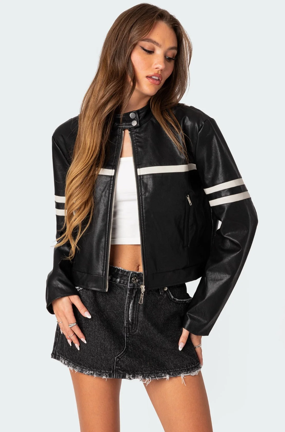 Chic Black and White Faux Leather Jacket