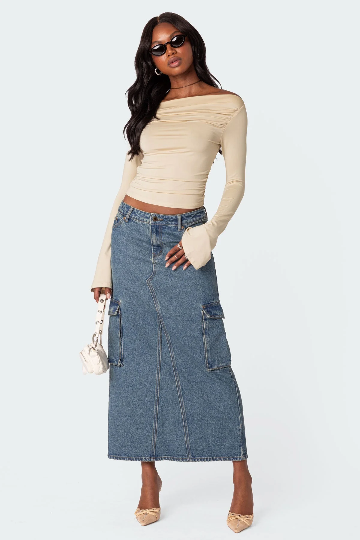 Womens Cream Gathered Top with Flared Sleeves