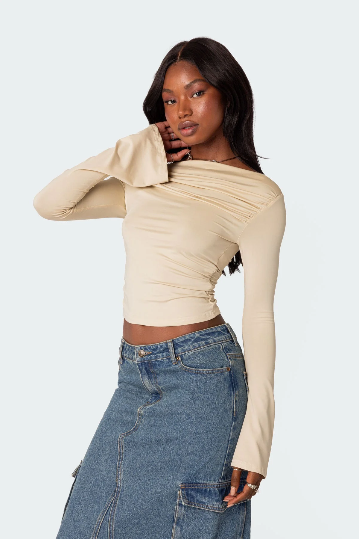 Womens Cream Gathered Top with Flared Sleeves