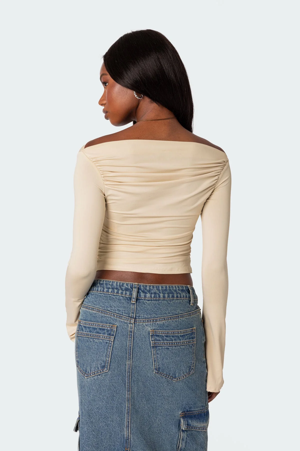 Womens Cream Gathered Top with Flared Sleeves